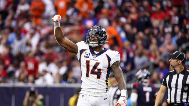  Choose Quality Full Resolution (5705 x 3765) Low Resolution (2852.5 x 1882.5) Headline: NFL: Denver Broncos at Houston Texans Caption: Dec 3, 2023; Houston, Texas, USA; Denver Broncos wide receiver Courtland Sutton (14) reacts after scoring a touchdown during the third quarter against the Houston Texans at NRG Stadium. Mandatory Credit: Troy Taormina-USA TODAY Sports
